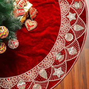 72&quot; rode kerstboomrok Handgemaakte fluwelen boomrok Groot ornament met kralen Luxe kerstversieringen Vakantie Erfstuk Kerstcadeaus