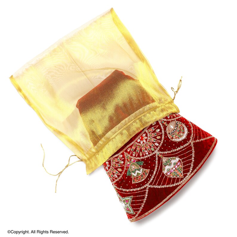 Red Velvet Christmas Tree Skirt Hand Beaded Gold Border - 60
