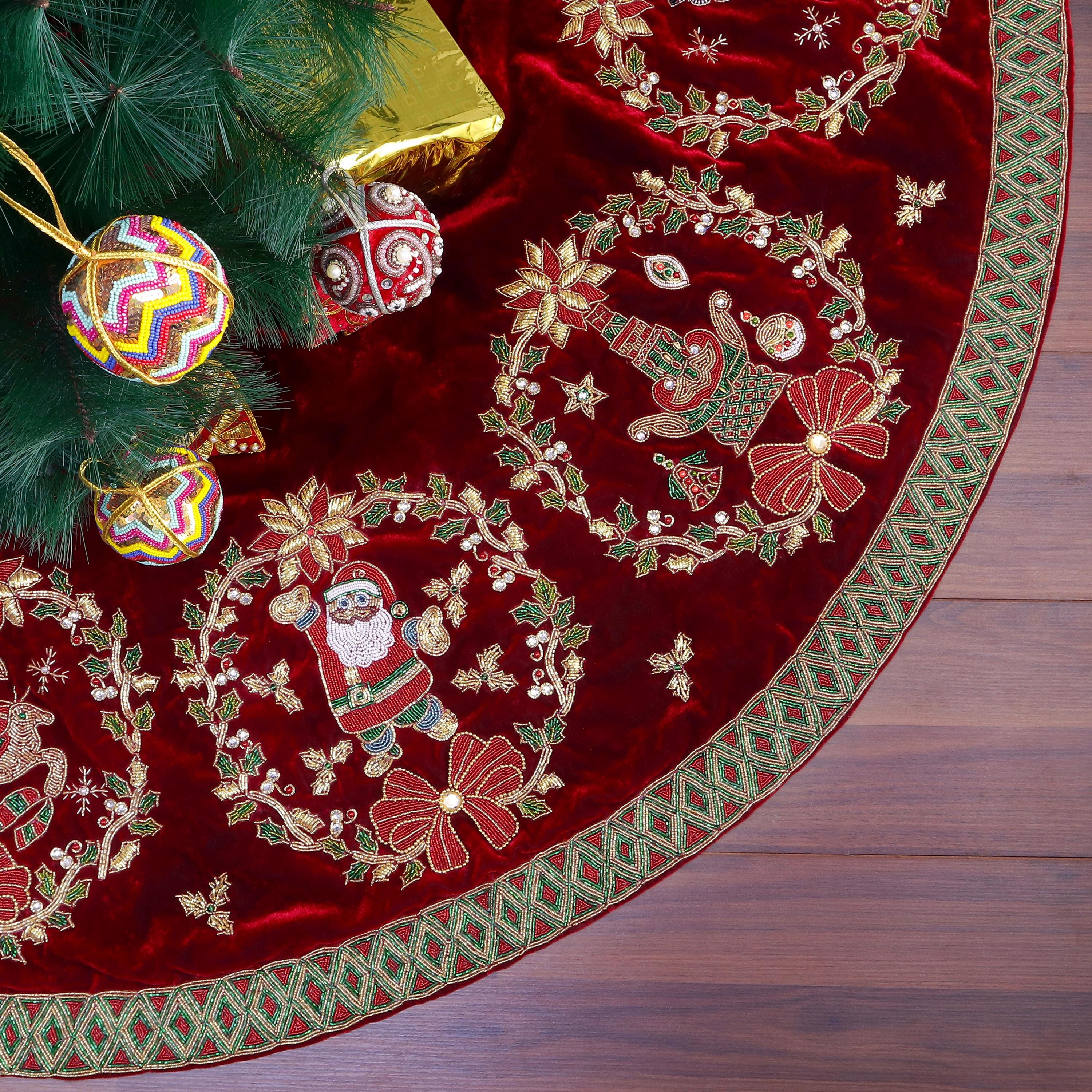 60" Christmas Tree Skirt Joyful Wreath tapestry Extra Large Christmas Tree Skirt Red velvet tree skirt Christmas decorations