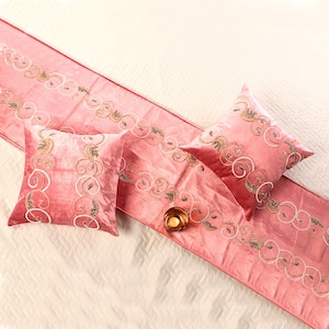 Rose pink Velvet Bed Runner| King/CA king/Queen/Twin Luxury Bed runner With Matching Decorative Throw Pillows Handbeaded with swirls