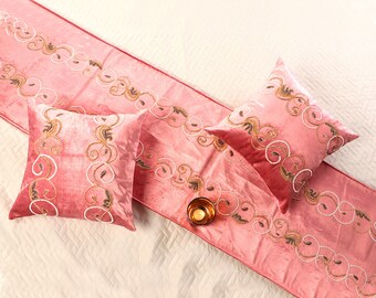 Rose pink Velvet Bed Runner| King/CA king/Queen/Twin Luxury Bed runner With Matching Decorative Throw Pillows Handbeaded with swirls