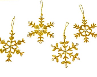 Gold Metal Snowflake Christmas ornaments set handmade metal glass beaded christmas tree ornaments christmas decor christmas gifts 1SET=4 PCS