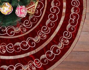 Red Christmas Tree Skirt 60 inch Extra Large Christmas Tree Skirt Red Velvet tree skirt Swirl Christmas decorations Heirloom Christmas gift