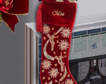 Red Velvet Christmas stocking Personalised Reindeer christmas stocking christmas decorations Handmade Christmas gifts christmas heirloom