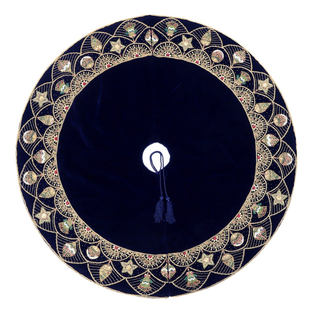 90 Inch Navy Blue Velvet Christmas Tree Skirt Handmade Large Tree Skirt