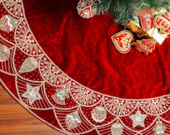 90 inch Christmas Tree Skirt Red Handmade Velvet Extra large christmas Tree Skirt Ornament Beaded Luxury Christmas decorations for the home