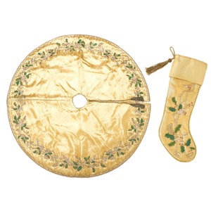 Handmade Gold Christmas Tree skirt  & Christmas Stocking -Gold christmas decor  Luxury Christmas Gift box 2pc Family christmas heirloom