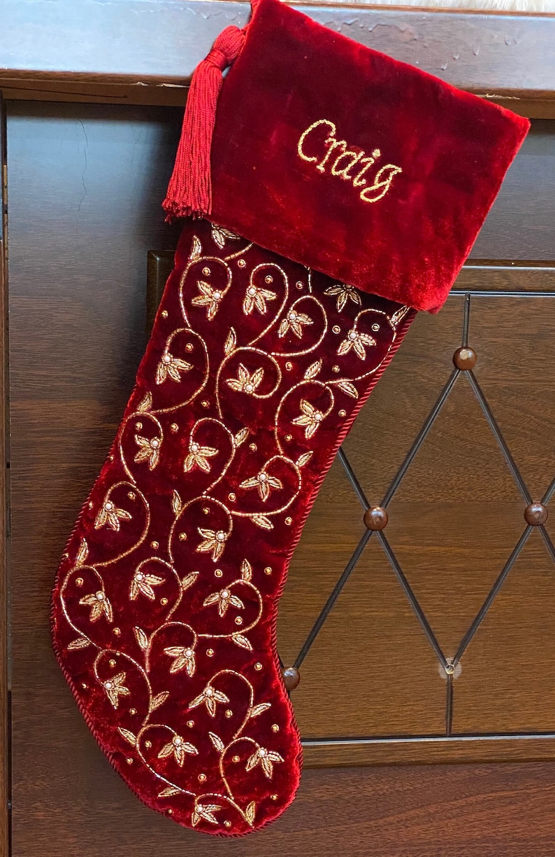 Handmade Velvet Christmas stocking set of 4 ,Luxury Christmas Gift box, Family christmas heirloom, christmas decorations Red christmas image 4