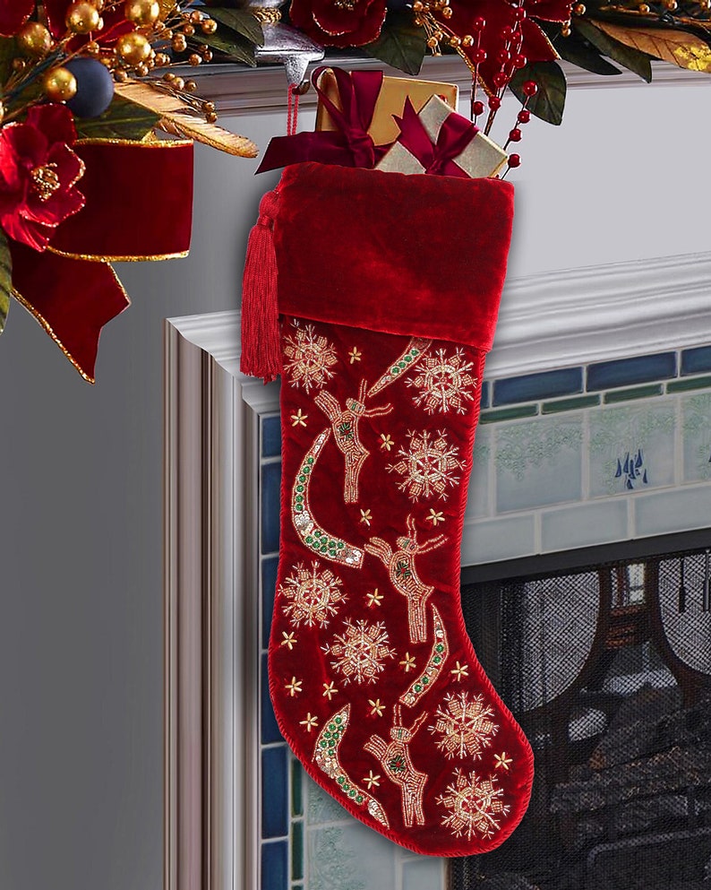 Handmade Velvet Christmas stocking set of 4 ,Luxury Christmas Gift box, Family christmas heirloom, christmas decorations Red christmas image 10