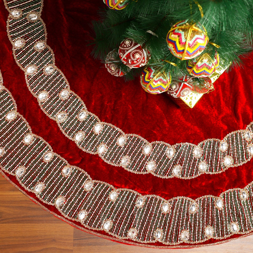 Red Christmas Tree Skirt 60 Inch Handmade Velvet Tree Skirt Etsy