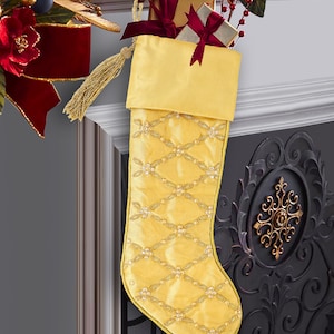 Gold Weihnachtsstrumpf Personalisierter Weihnachtsstrumpf im komplizierten Blatt Weihnachtsschmuck Handgemachte Weihnachtsgeschenke Weihnachtserbstück