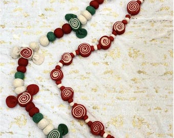 Christmas Candy Garland, Red and white,Green Candy christmas garland 6'. Hand Felt wool,christmas mantle decorations,Felt garlands Christmas