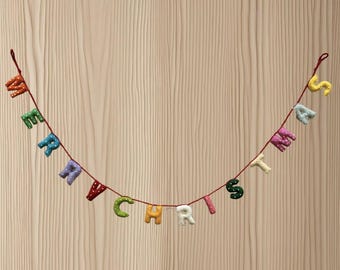 Könnte beinhalten: Eine bunte Filz-Weihnachtsgirlande mit den Worten "Merry Christmas" auf rotem Faden.
