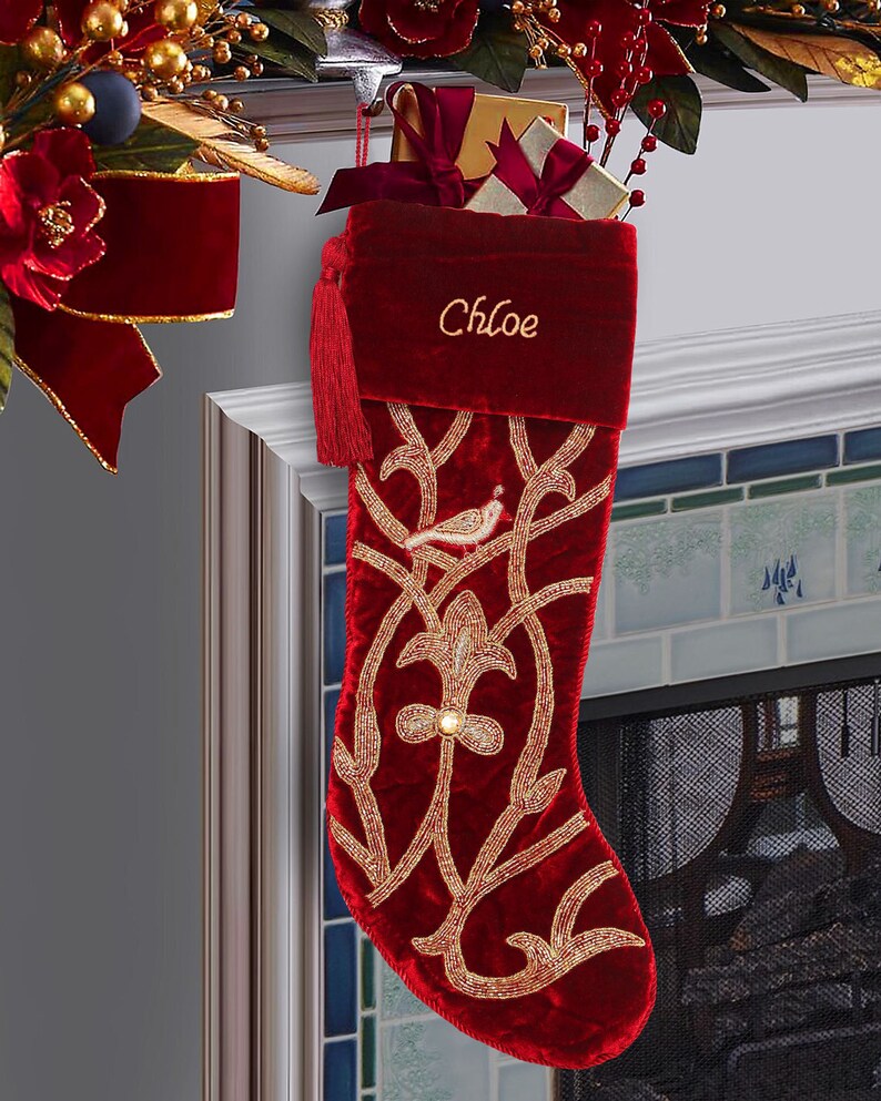 Handmade Velvet Christmas stocking set of 4 ,Luxury Christmas Gift box, Family christmas heirloom, christmas decorations Red christmas image 6