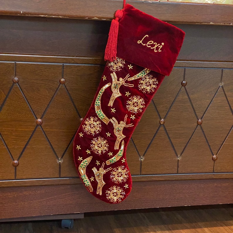 Handmade Velvet Christmas stocking set of 4 ,Luxury Christmas Gift box, Family christmas heirloom, christmas decorations Red christmas image 5