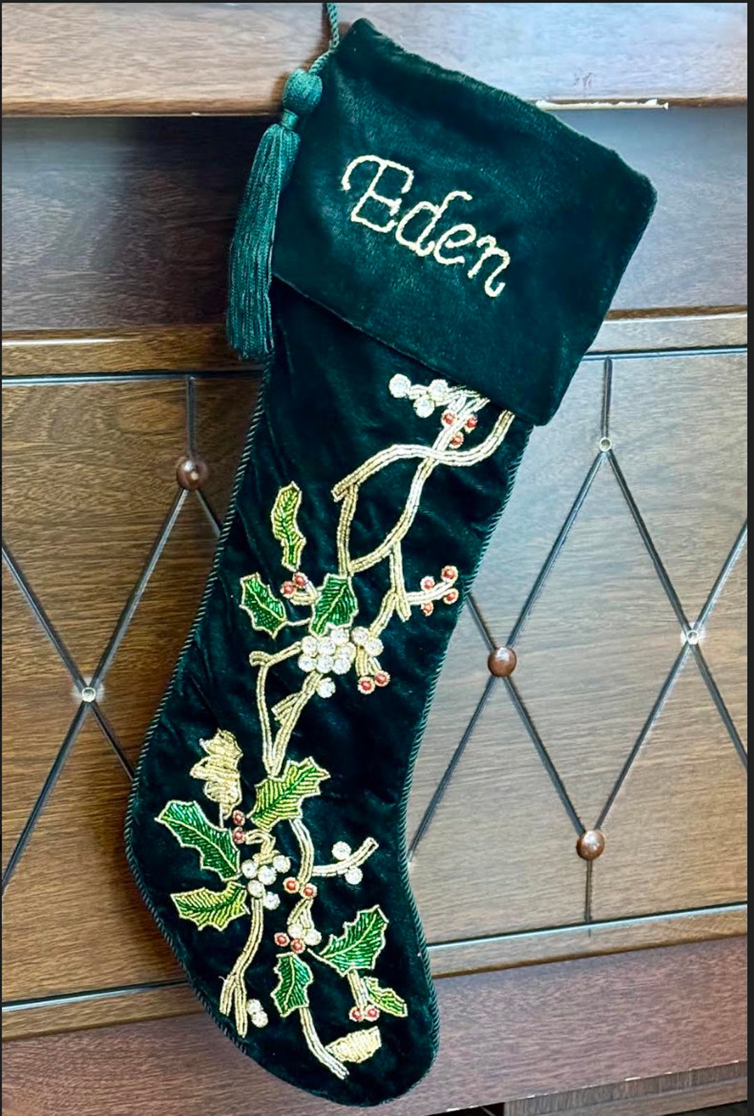 Green Silk Christmas Stocking Stylized Flowers Silver Arcadia Home main image 0