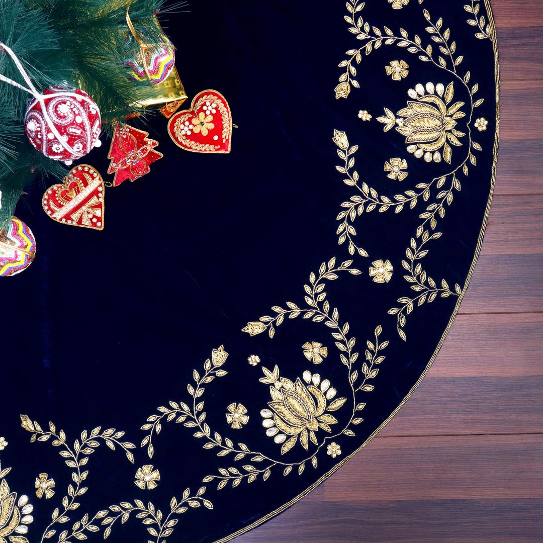90" Navy Blue Velvet Christmas Tree Skirt Handmade Luxury Tree Skirt ...