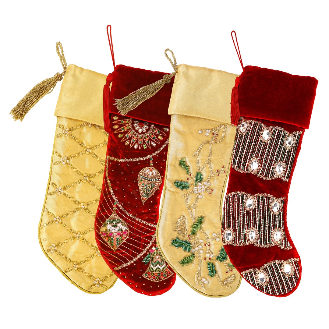 Handmade Red & Gold Christmas Stocking Set of 4 Luxury Christmas Gift