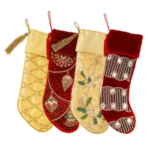 Handmade Red & Gold Christmas stocking set of 4  Luxury Christmas Gift box christmas decorations heirloom christmas Gifts- Velvet, Tissue