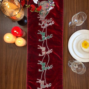 Christmas Table Runner Red Velvet Christmas Runner with Santa Reindeer carriage Christmas decorations Christmas Gifts(in 10 sizes 48 to120&quot;)