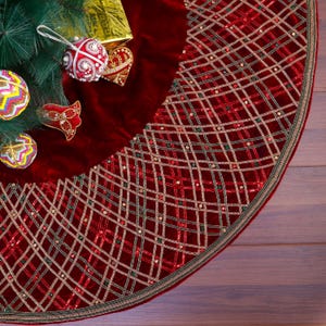60" Christmas Tree Skirt Sparkling Plaid Gemstone Extra Large Christmas Tree Skirt Red velvet tree skirt Christmas decorations