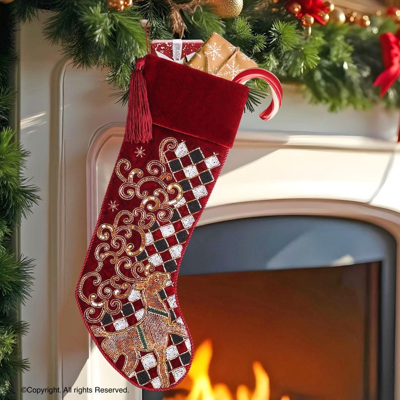 Red Reindeer Check Parade Christmas Stocking Personalised Red Velvet