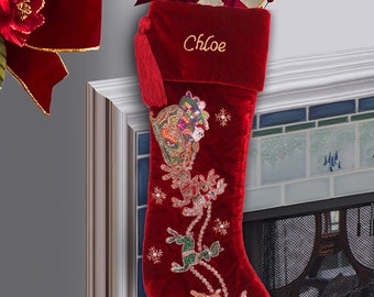 Red Velvet Christmas Stocking Personalised Red Santa Carriage christmas stocking decorations Handmade Christmas gifts christmas heirloom