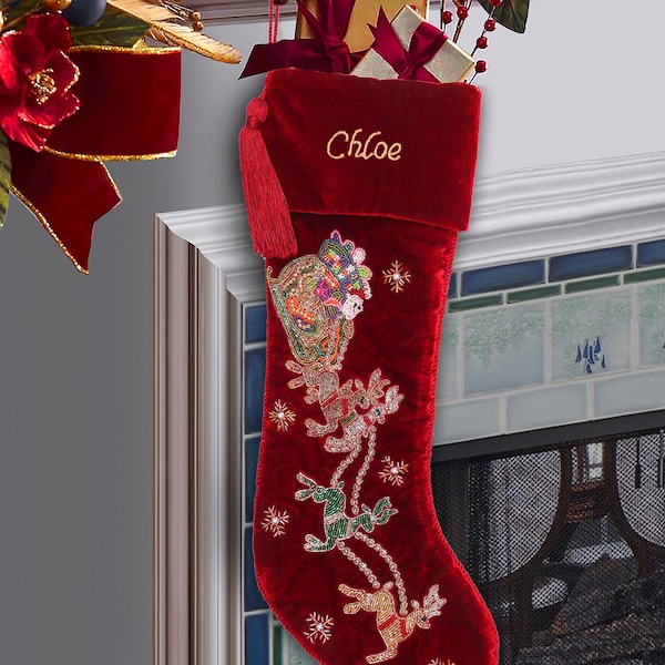 Red Velvet Christmas Stocking Personalised Red Santa Carriage christmas stocking decorations Handmade Christmas gifts christmas heirloom