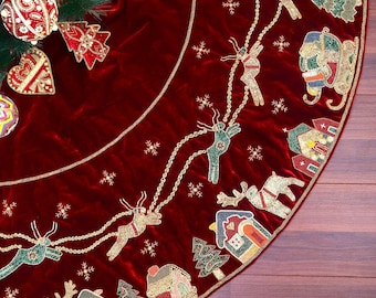 60" rendierkerstboomrok 'Reindeer Over the City'Large kerstboomrok Roodfluwelen boomrok.