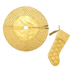 Handmade Gold Christmas Tree skirt  & Christmas Stocking -Gold christmas decor  Luxury Christmas Gift box 2pc Family christmas heirloom