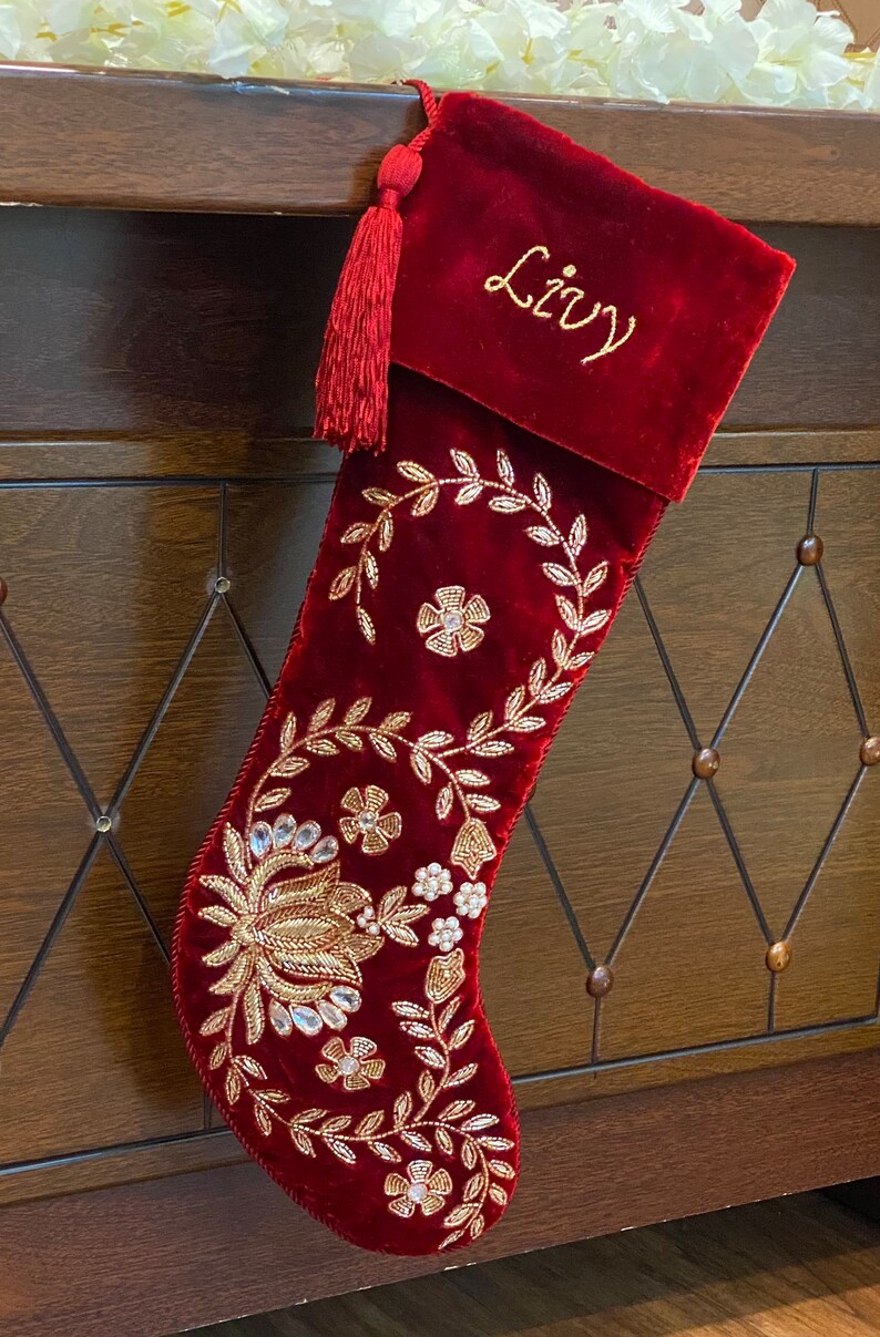 Handmade Velvet Christmas stocking set of 4 ,Luxury Christmas Gift box, Family christmas heirloom, christmas decorations Red christmas image 3