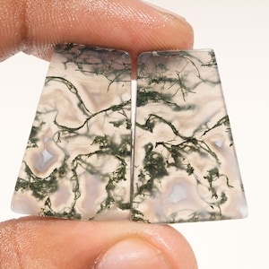 Natural Moss Agate Cabochon Pair: Fancy Green Gemstone Earrings (26x18x4 MM)