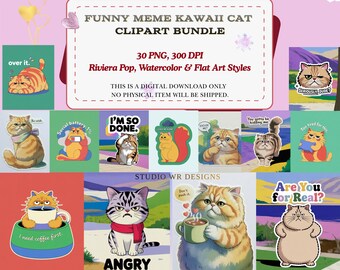 Funny Meme Kawaii Winter Cat Clipart Bundle