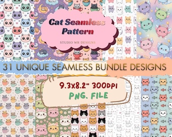 Kawaii Cute Cat Seamless Pattern Bundle 31 PNG.