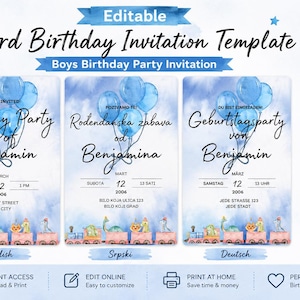 May include: An editable 3rd birthday invitation template featuring a watercolor blue sky background with blue balloons and a train graphic. The text includes Birthday Party of Benjamin, March 12, 2006, 1 PM, 123 Any Street, Any City, and 3 Languages Included.