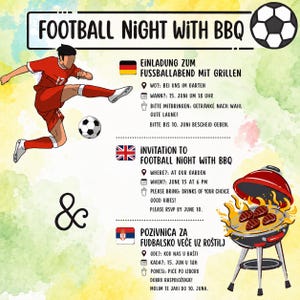 Football Night BBQ Invitation Template | Editable Soccer BBQ Party Invite | Instant Download | English German Serbian Invitation | Canva Tem