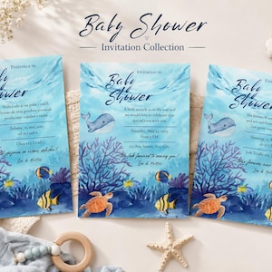 Könnte beinhalten: Drei rechteckige Einladungskarten für eine Babyparty mit einer Aquarell-Unterwasserszene, einem blauen Wal, einer orangefarbenen Meeresschildkröte und gelben tropischen Fischen. Der Text lautet Baby Shower Invitation Collection in dunkelblauer Schrift.