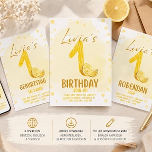 Könnte beinhalten: Drei Geburtstagseinladungen mit gelbem Aquarellmotiv, einer großen Eins und Zitronenscheiben. Der Text lautet Livia's Birthday Join Us, Livia's Geburtstag Sei Dabei und Livia's Rodendan Dobi, dargestellt auf Papierkarten und einem Smartphone.