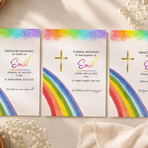Rainbow Baptism Invitation Template Bundle | Editable Christening Invite in German, English & Serbian | Modern Watercolor Cross Baptism Card