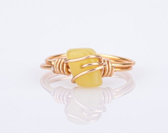 Yellow Topaz Gemstone Ring, Gold Copper Wire Wrapped Crystal Ring, Rough Stone Jewelry by Impulse Modern