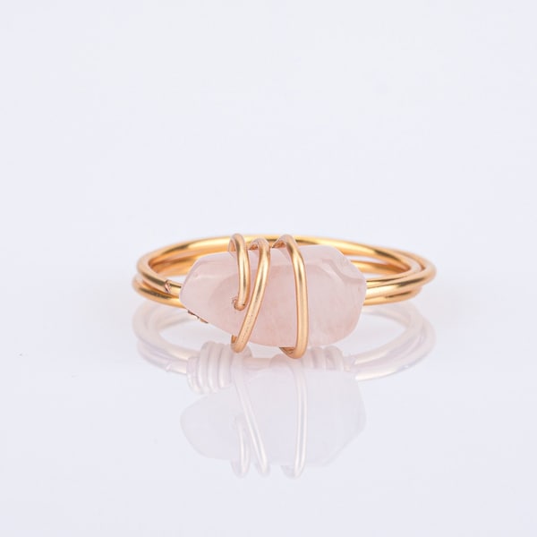 Rose Quartz Gemstone Ring, Gold Wire Wrapped Crystal Ring, Rough Stone Jewelry by Impulse Modern