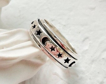 Moon and Stars Anxiety Ring, Moon Fidget Ring, Sterling Silver Spinner Band Ring for Women by Impulse Modern