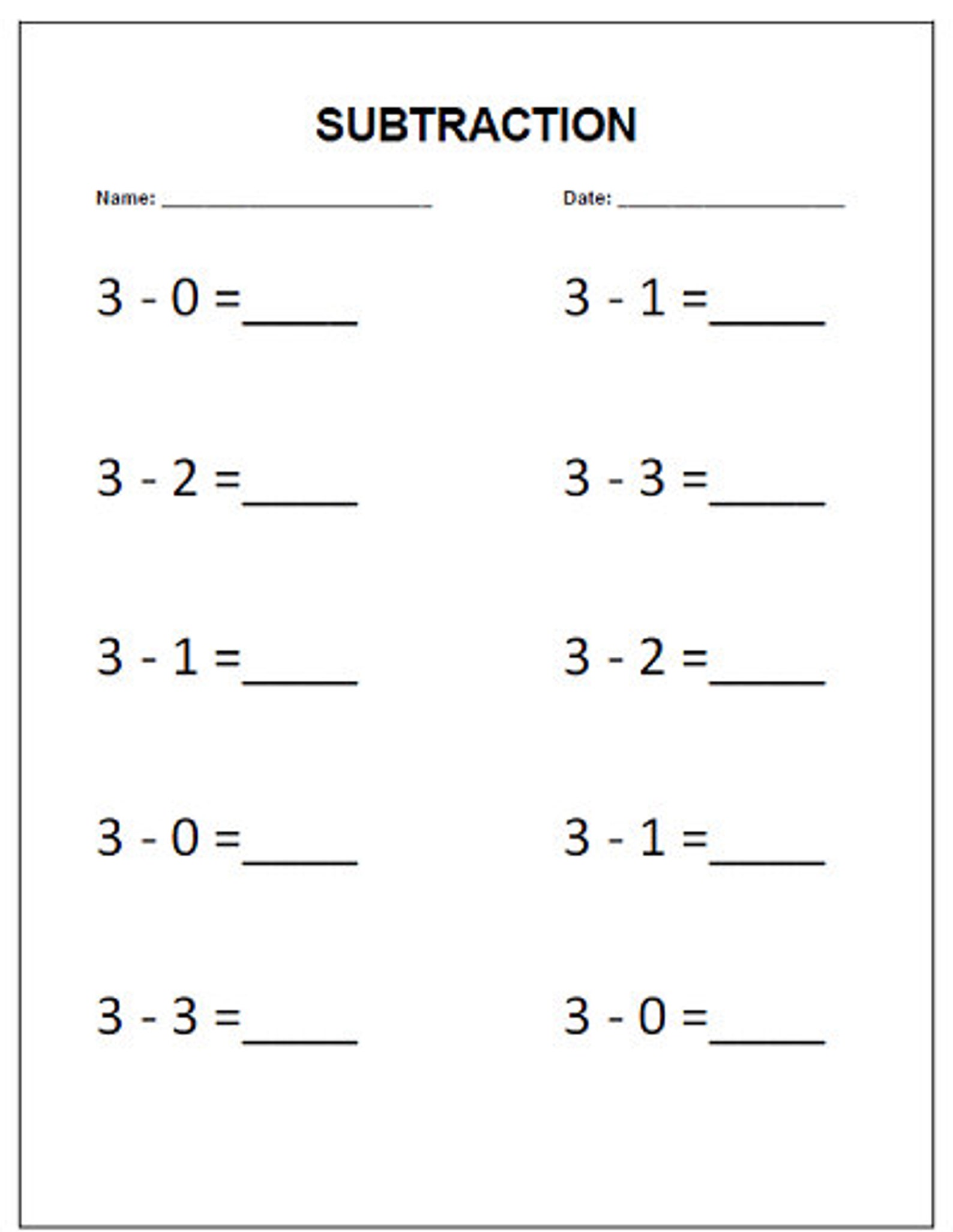 20-printable-subtraction-worksheets-numbers-1-10-for-etsy