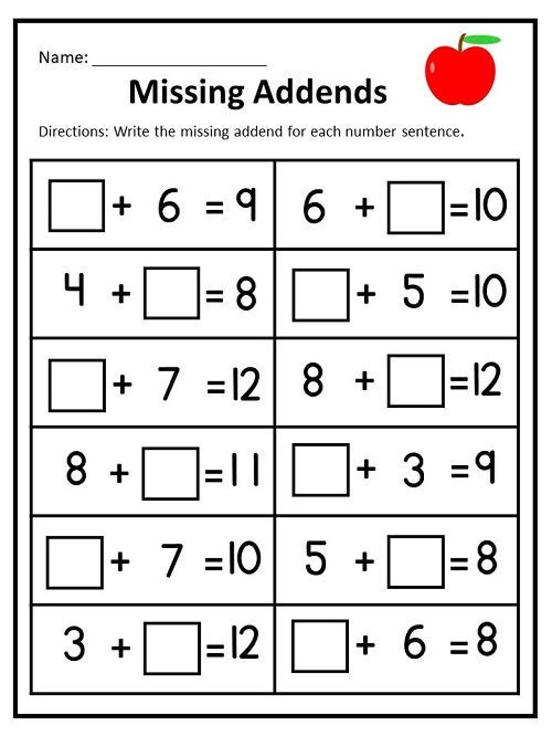 10 Printable Missing Addends Worksheets Numbers 1 20 For Etsy