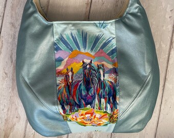 Gift for horse girl, teen girl gift, horse lover present, gift for vegan, blue handbag, Horse bag, Hobo bag, Shoulder Bag
