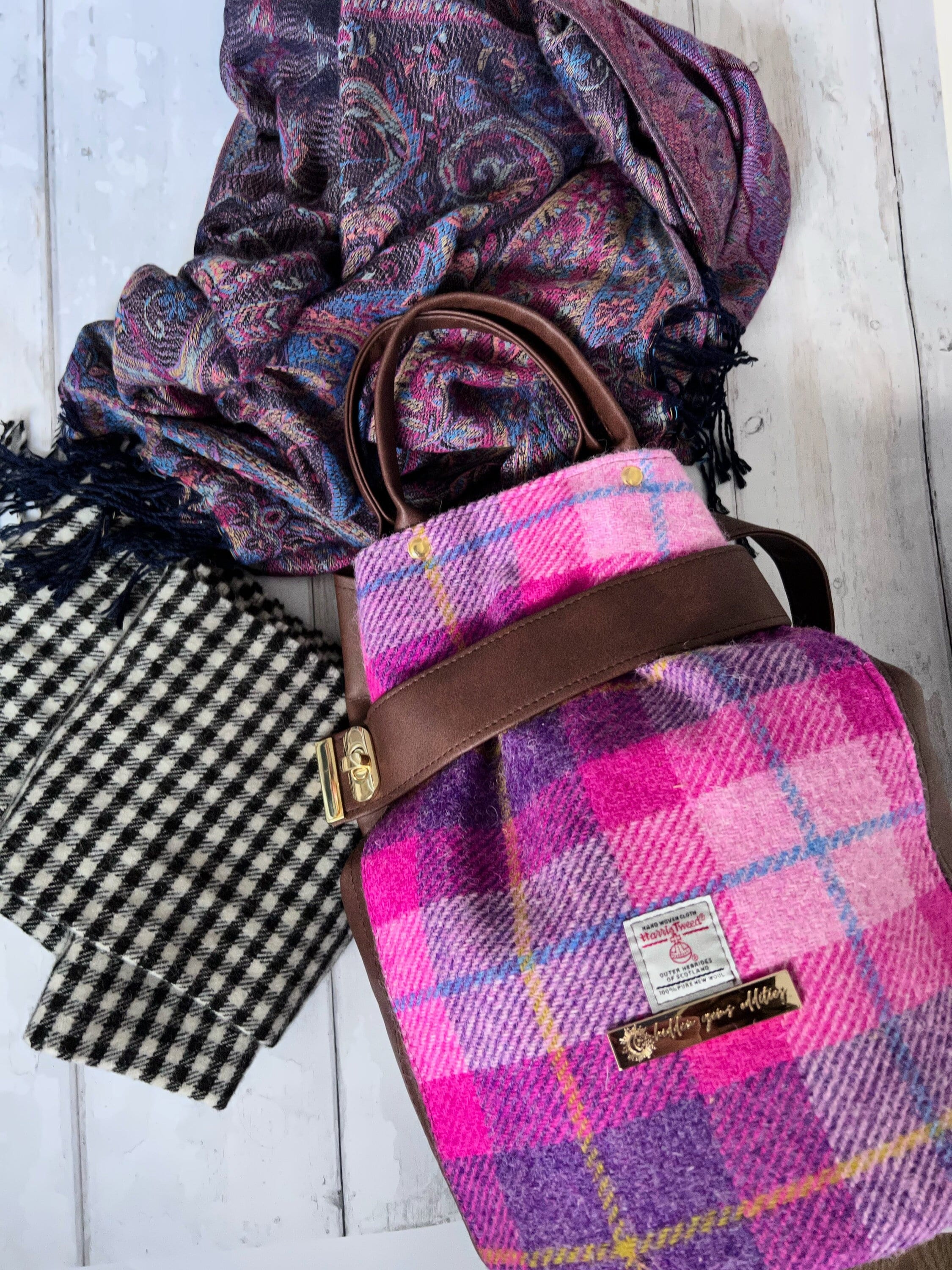 Harris Tweed Bucket Backpack: Scottish Tartan Bag, Vegan 