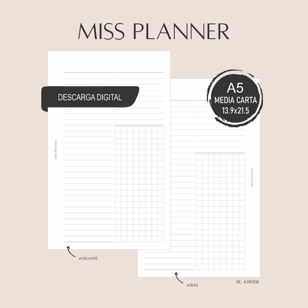 Insert Design for A5 Planner DIGITAL DOWNLOAD Miss Planner - Etsy