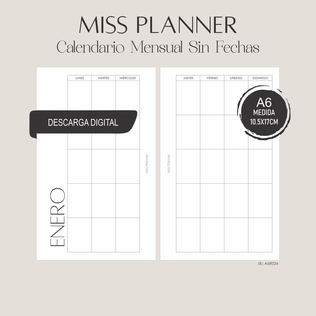 Monthly Calendar Without Dates DIGITAL DOWNLOAD 10.5x17cm - Etsy