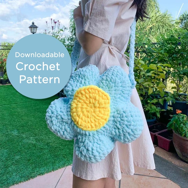 Pattern Only - Cute, Fluffy, and Chunky Adjustable Crochet Flower Sling, Messenger Bag | Chunky Yarn