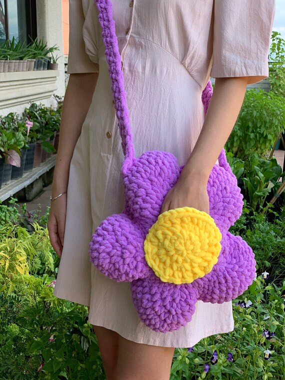 Cute Fluffy and Chunky Adjustable Crochet Flower Sling Messenger Bag Chunky Yarn in Chenille Etsy